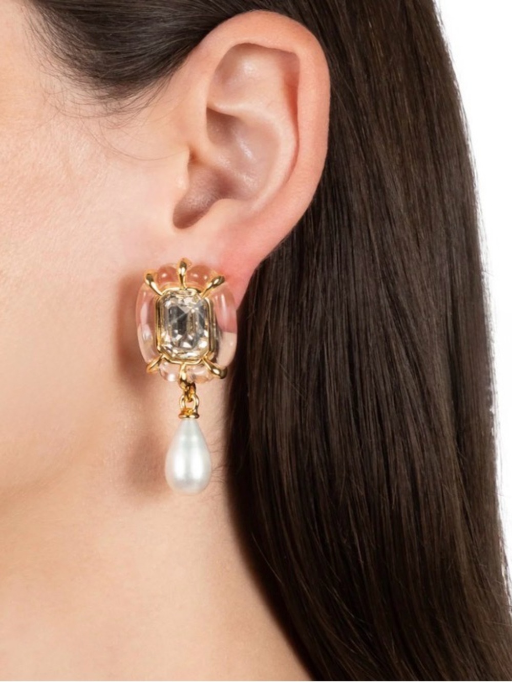 NEW Alexis Bittar Lucite Freshwater Pearl Earrings 14k Gold Plate Crystal JL01